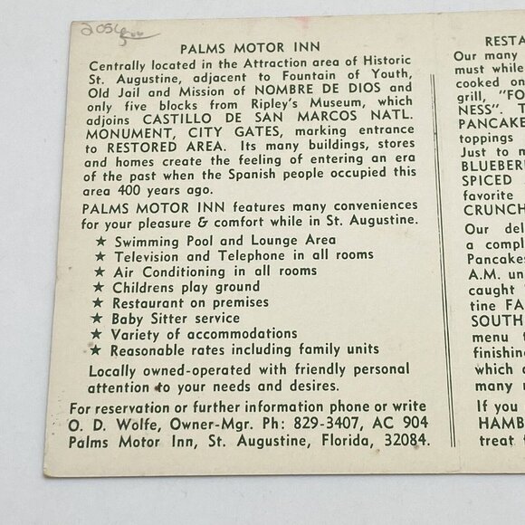 Vintage Palms Motor Inn Hotel FL ￼ Postcard St Augustine Florida‎ Unposted 1960s - Picture 7 of 8